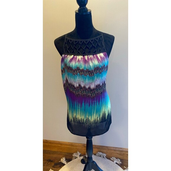 Bisou Bisou Blouse Size Large Top Purple Green Silky Feel Sleeveless Woven Neck - Picture 4 of 10